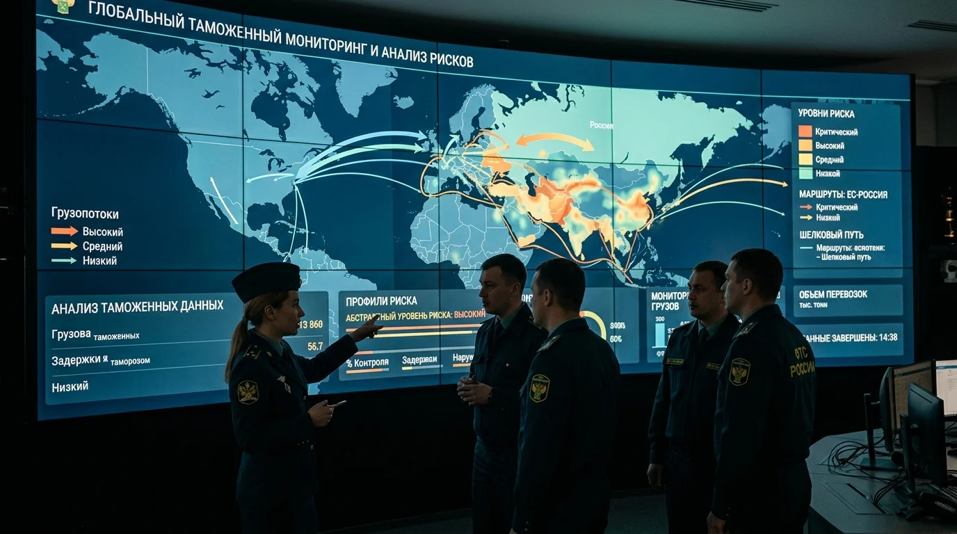 Операционный зал таможни с цифровой панелью риск-профилей и мировых грузопотоков