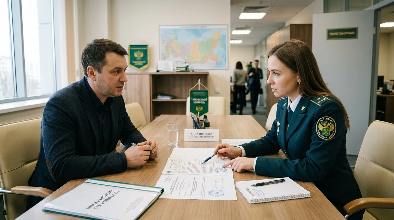 Представитель экспортёра и сотрудник таможни обсуждают акт проверки
