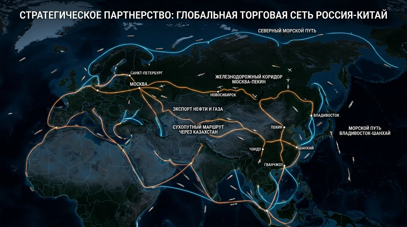 Схематичное изображение торговых маршрутов между Россией и Китаем
