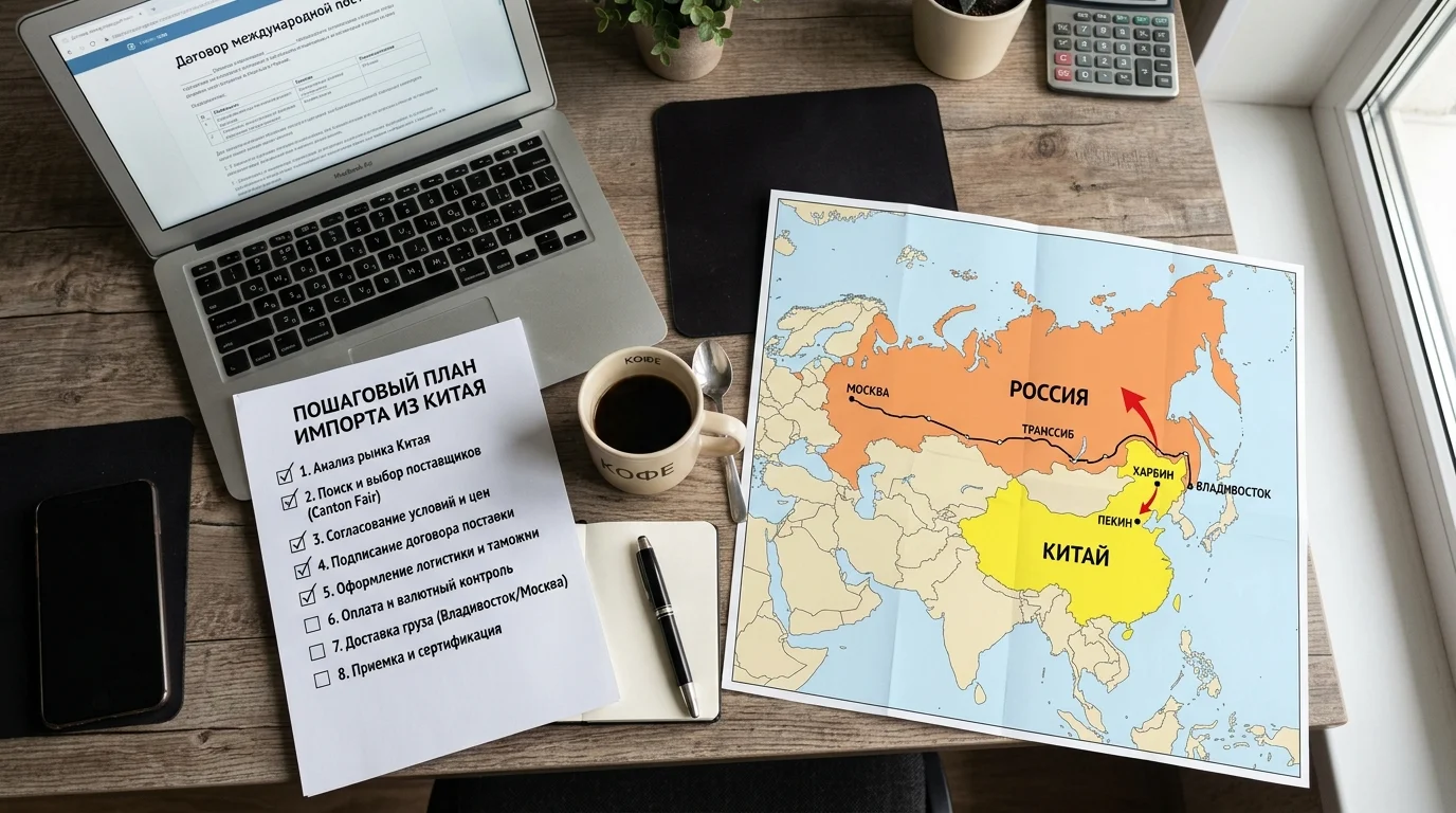 Рабочий стол с чек-листом шагов по импорту из Китая