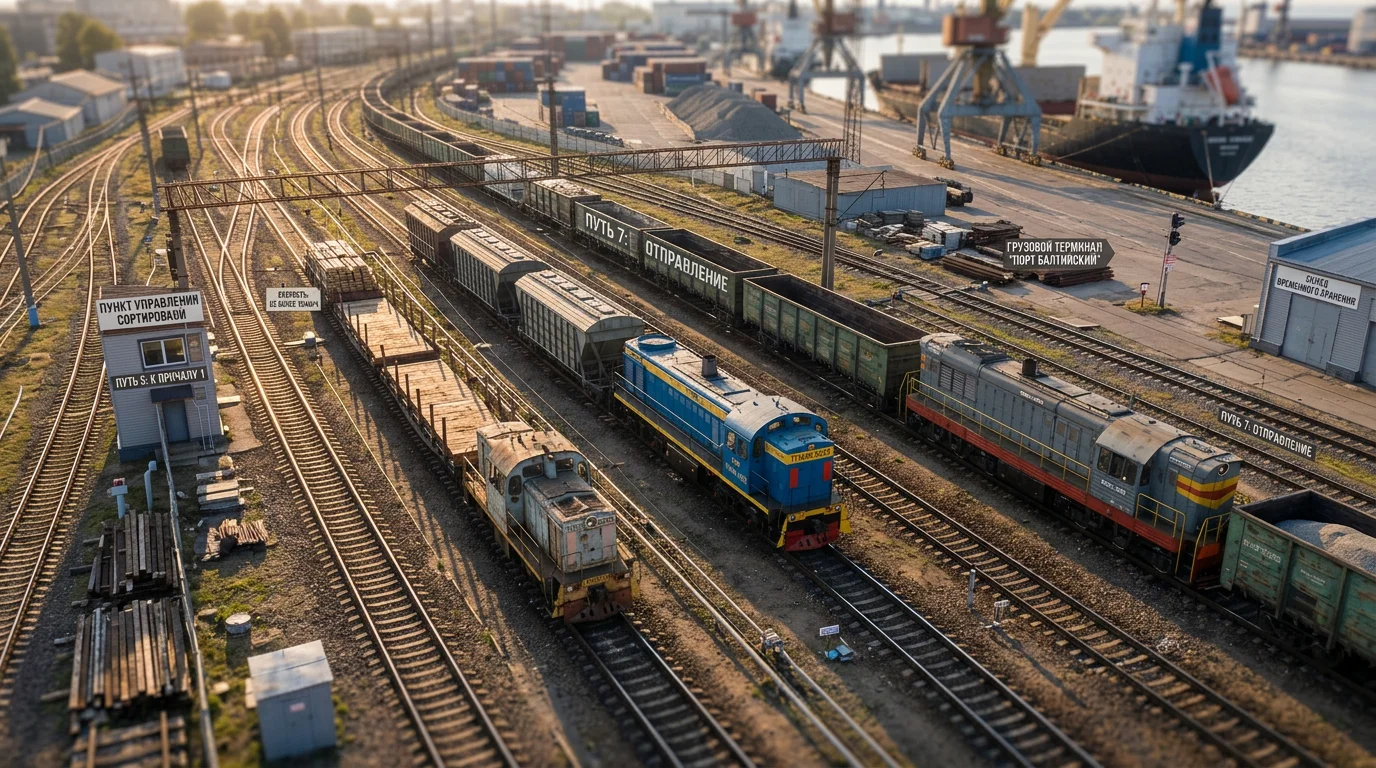 Мотовозы разных типов на железнодорожных путях портового терминала