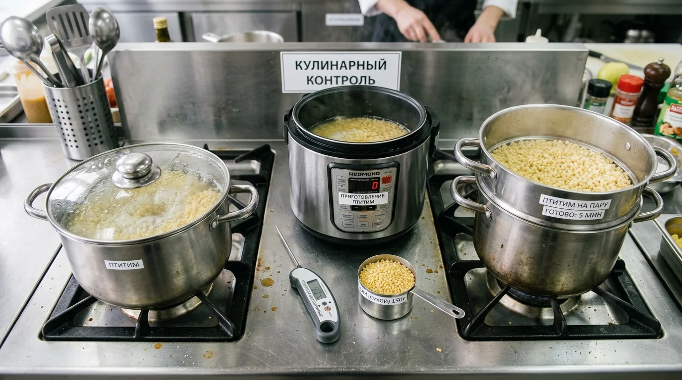 Разные способы варки птитима с контролем температуры и времени