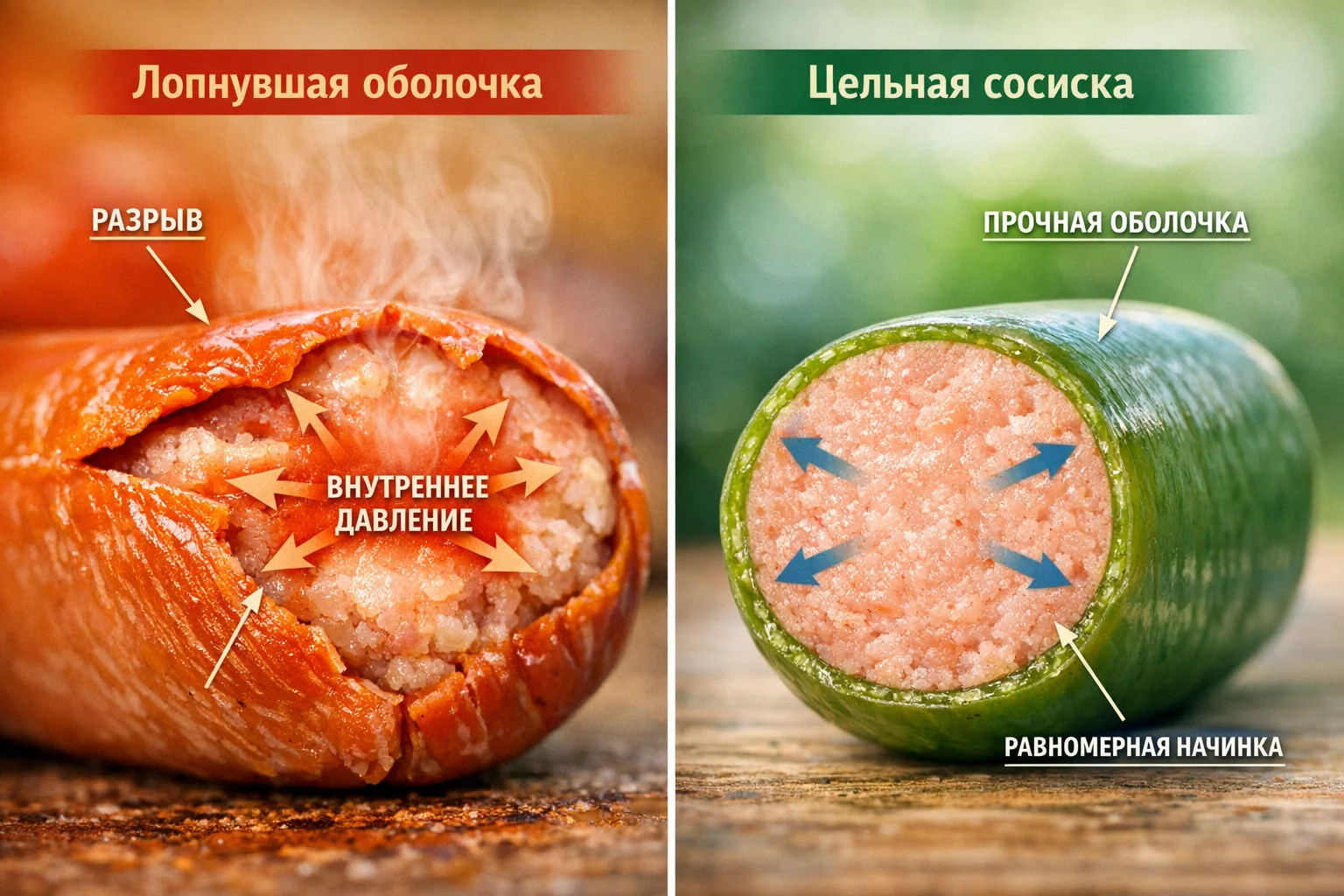 Сравнение разорванной и целой оболочки колбасы при чрезмерной набивке