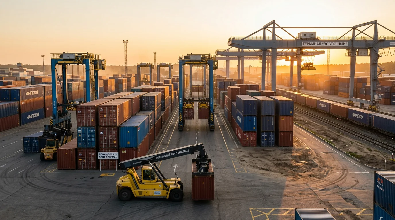 Контейнерный терминал с различными типами погрузочно-разгрузочного оборудования