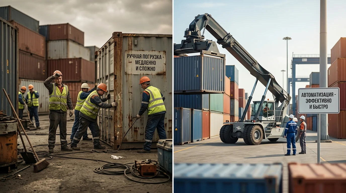 Сравнение ручной обработки контейнеров и автоматизированной системы с ричстакерами
