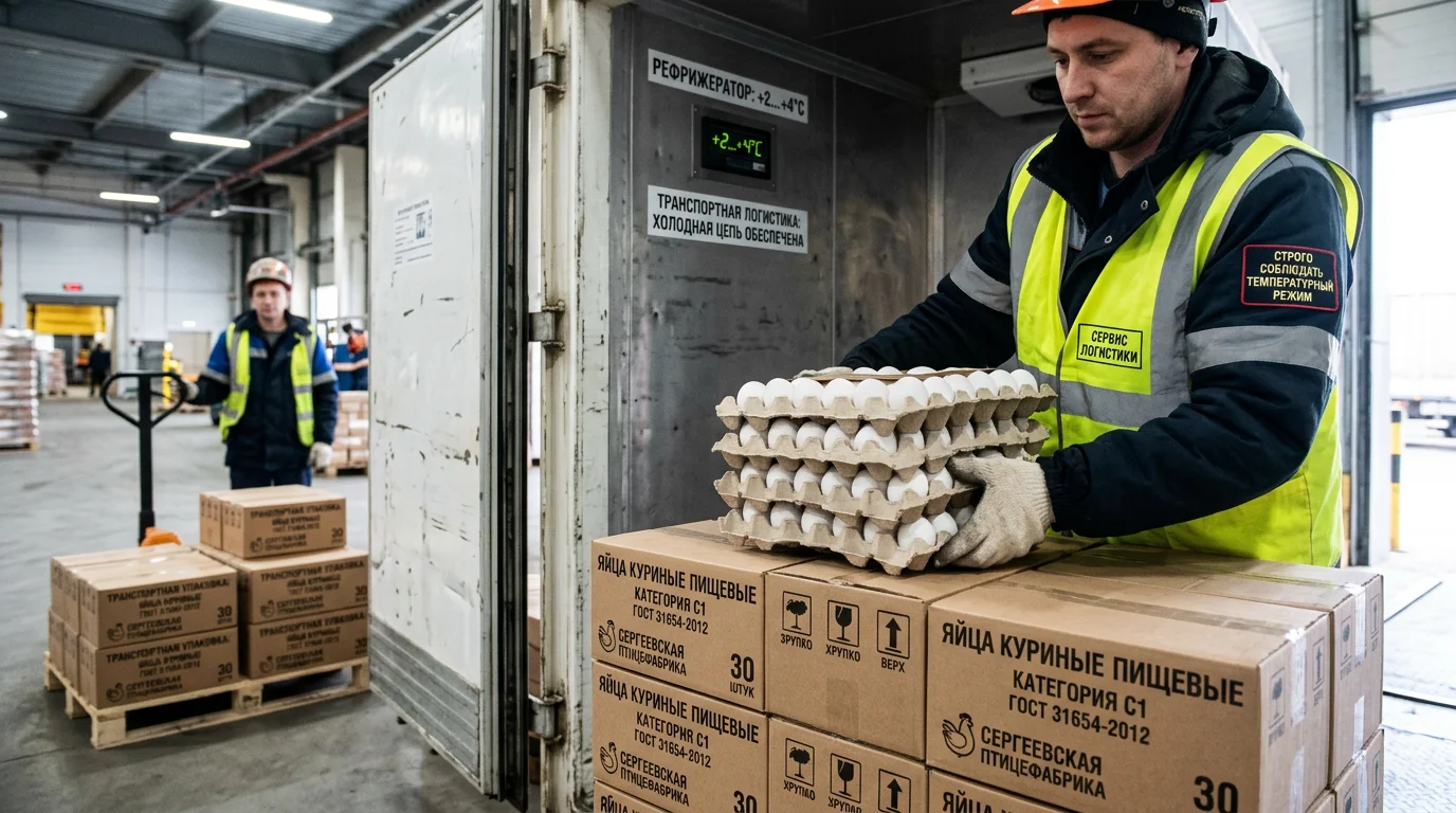 Погрузка охлаждённой продукции в контейнер для экспортной доставки