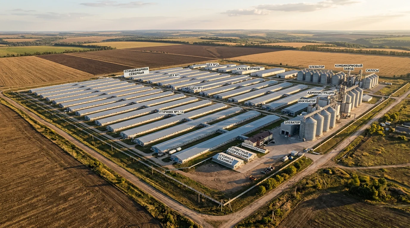 Вид с воздуха на комплекс Боровской птицефабрики с производственными зданиями и хранилищами