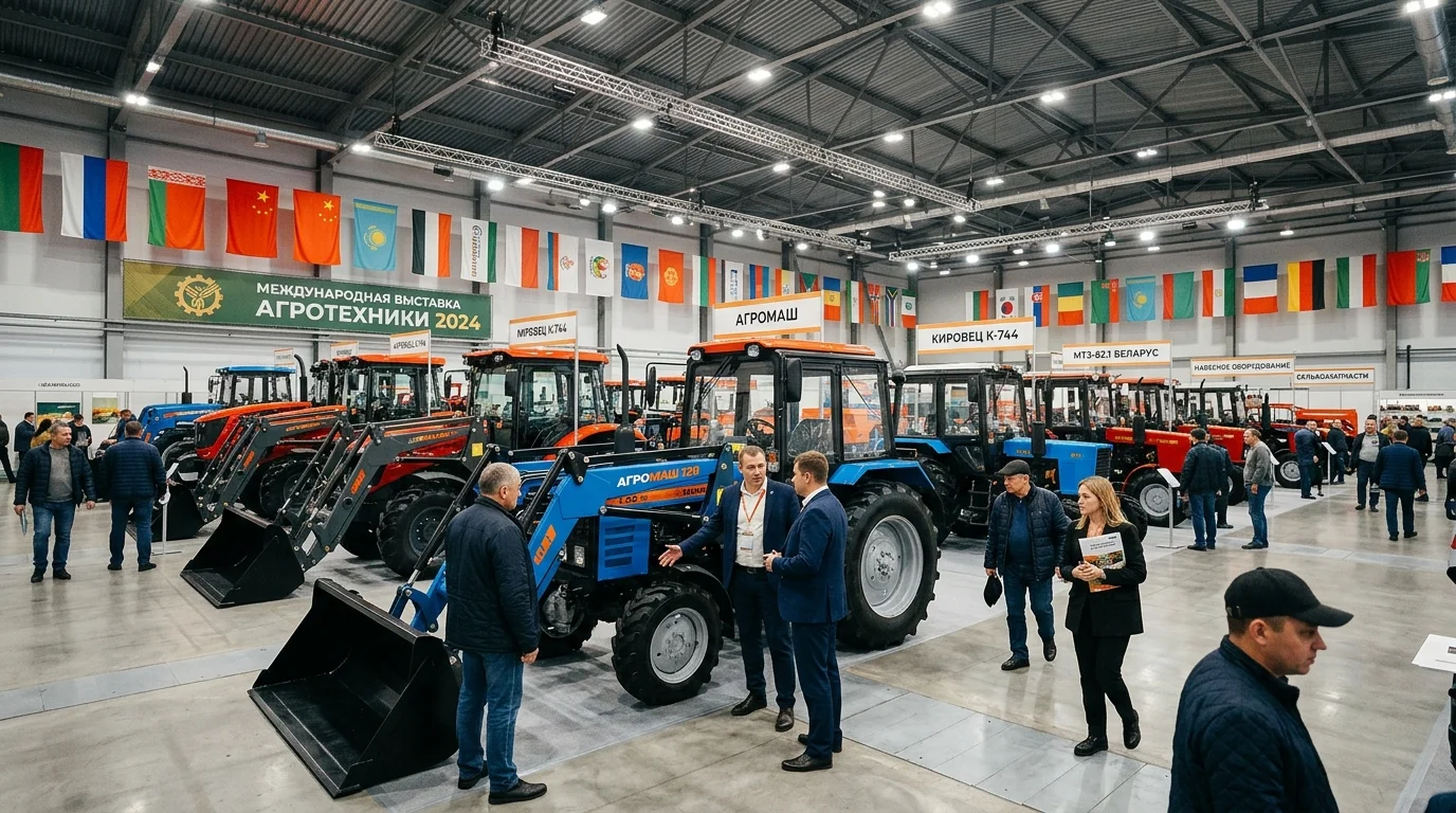 Международная сельскохозяйственная выставка с тракторами и ковшовыми погрузчиками