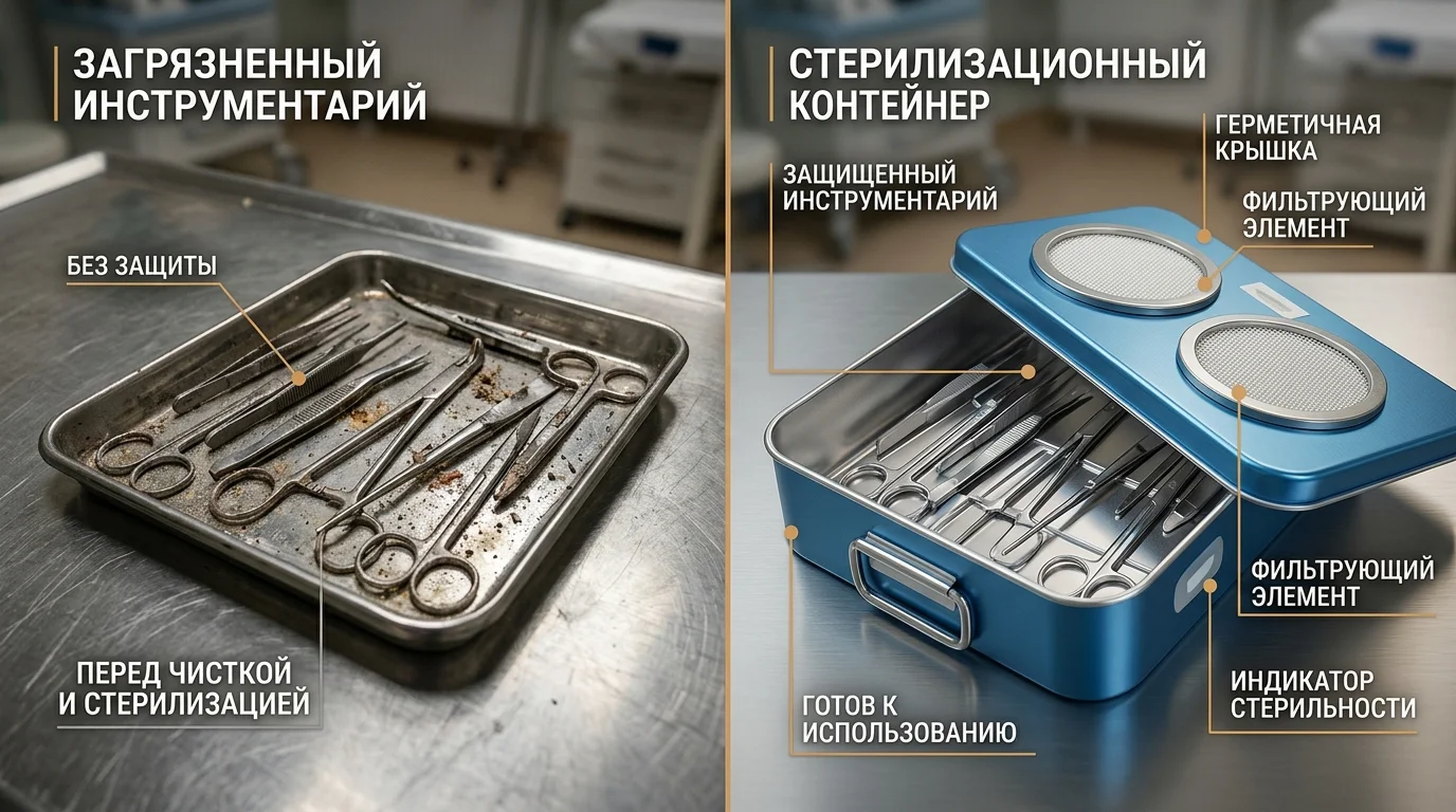Сравнение защиты медицинских инструментов в биксе и без него