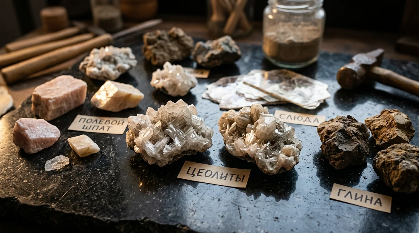 Образцы различных видов алюмосиликатов: цеолиты, полевые шпаты, слюда и глины на чёрной поверхности