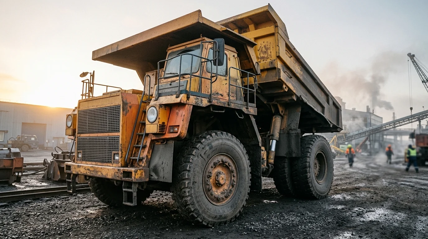 Думпкар на промышленной площадке в утреннем тумане