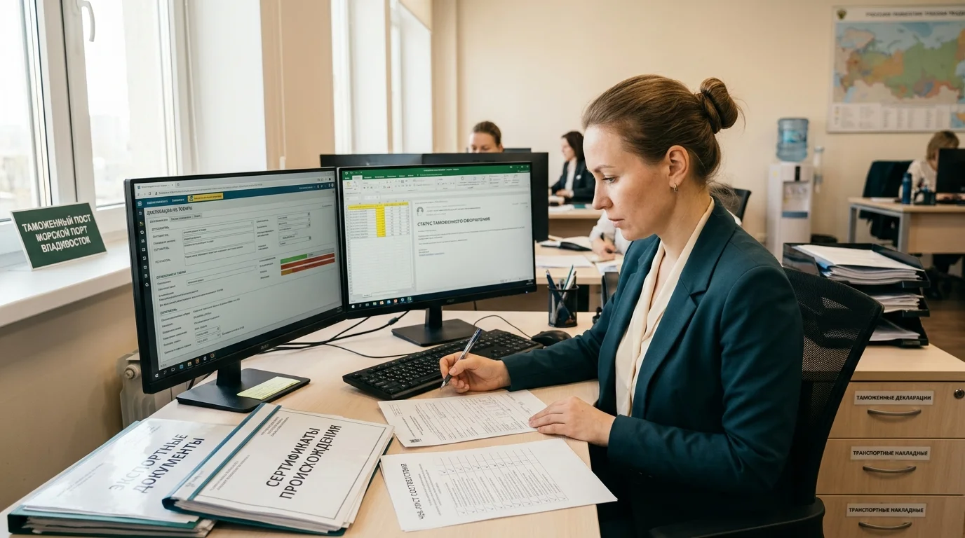 Специалист по таможенному оформлению проверяет статистические формы экспорта