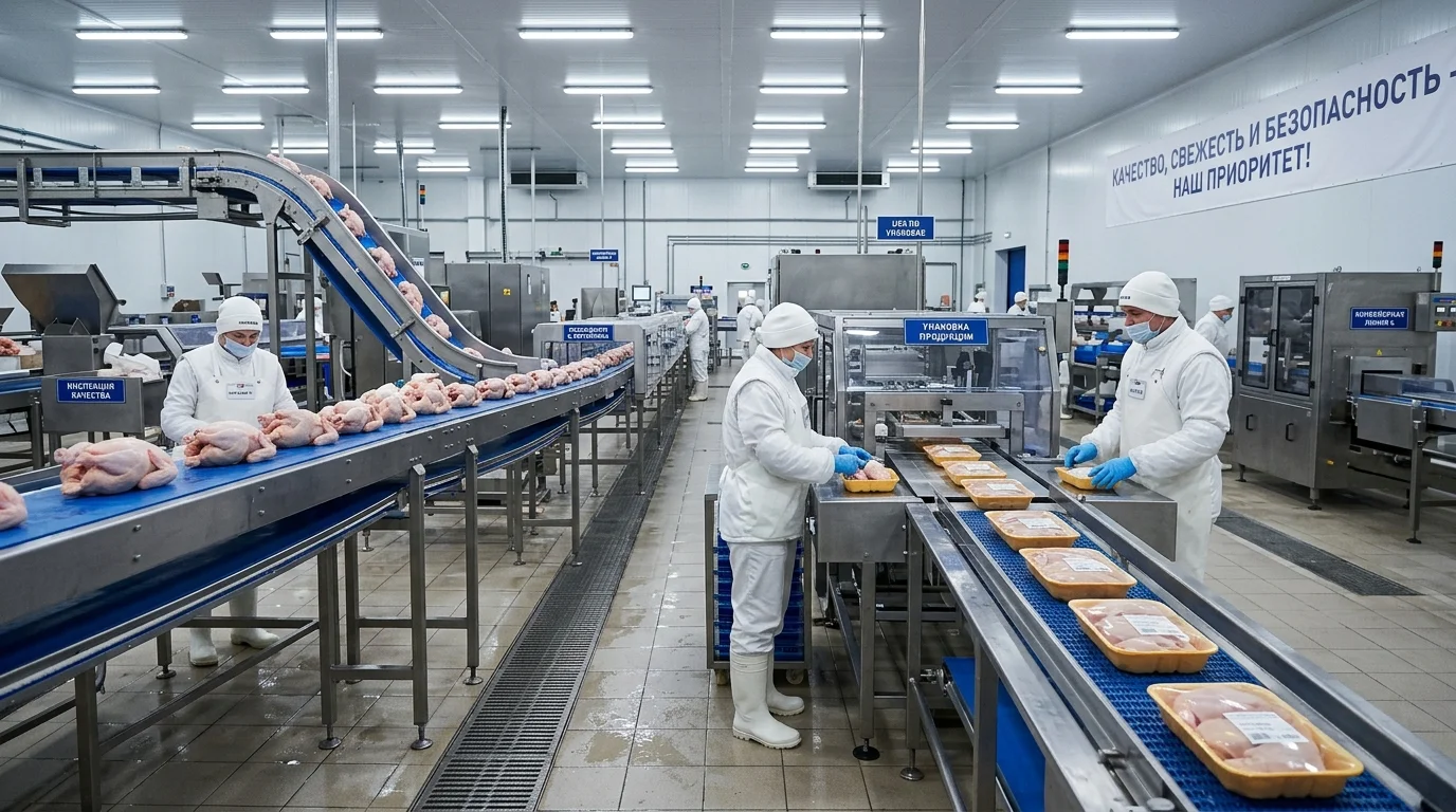 Современное оборудование птицефабрики для переработки и упаковки продукции