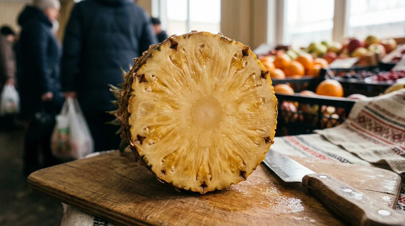 Поперечный срез ананаса, показывающий сложную структуру соплодия с множеством сросшихся завязей