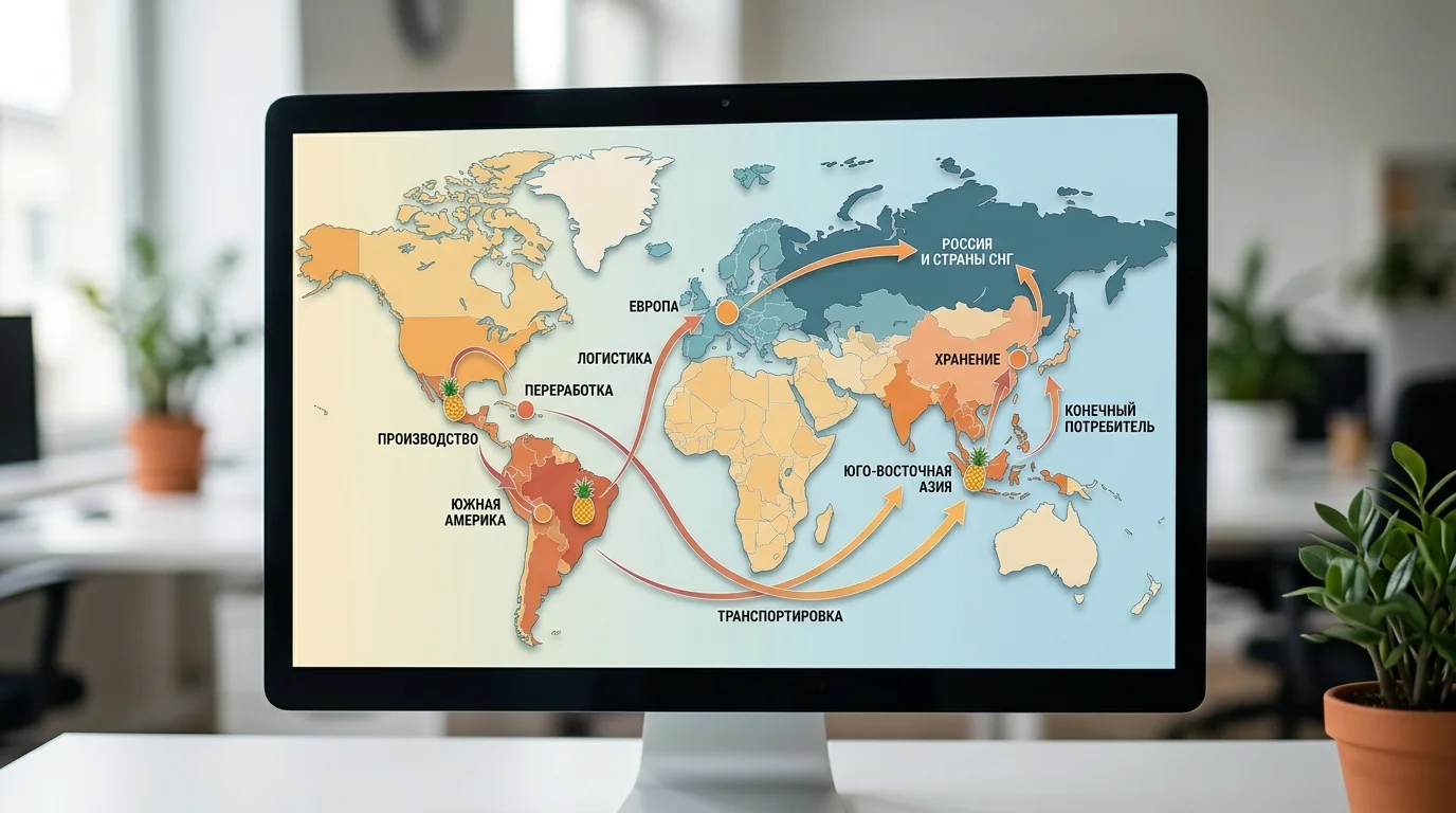 Глобальная цепочка поставок ананасов от производства до розницы