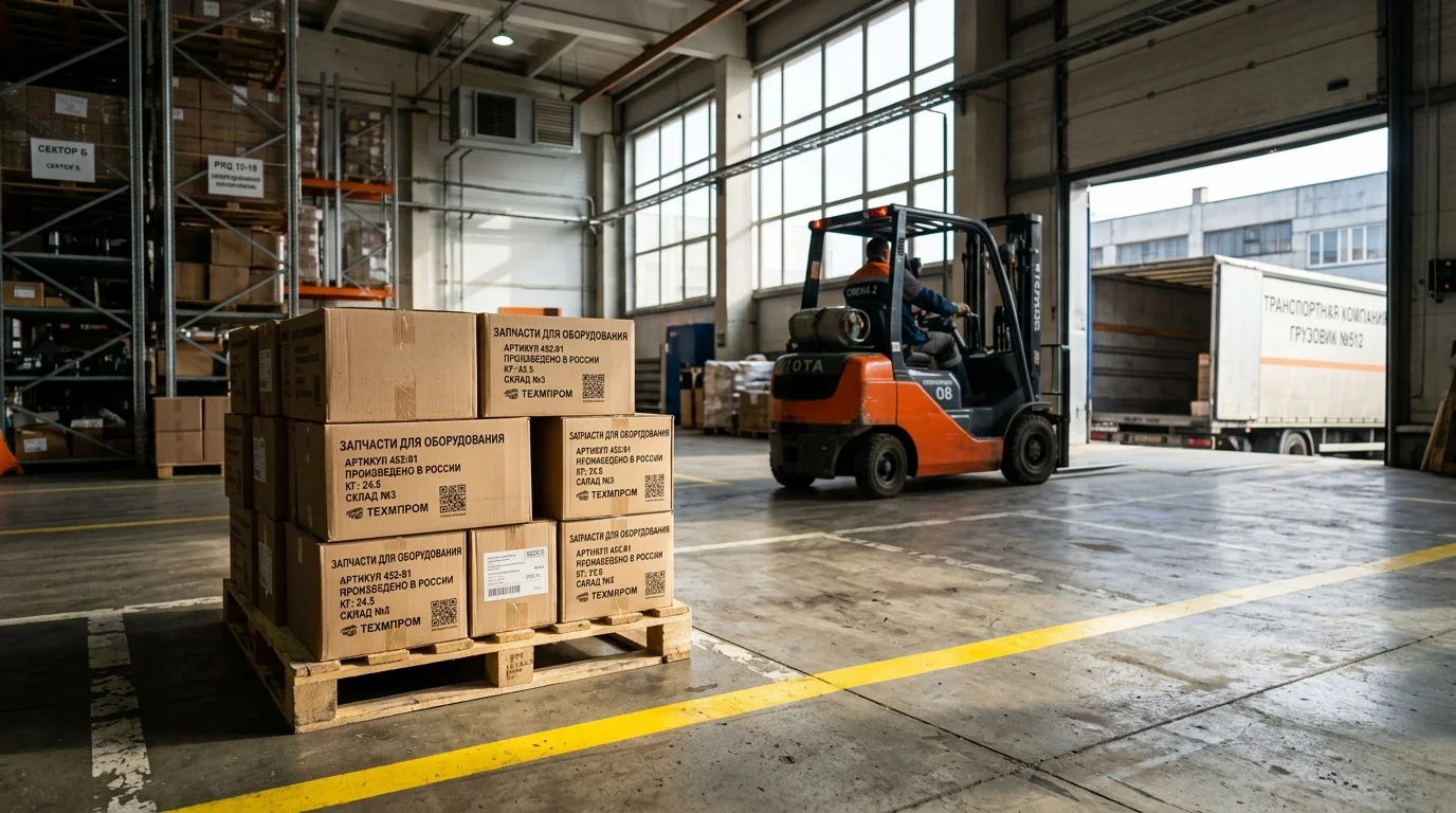 Склад производства с поддоном товара, обозначающий точку передачи при условиях EXW