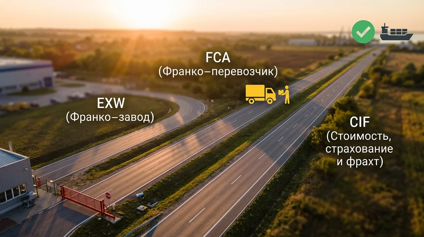 Сравнение условий поставки EXW, FCA и CIF: точки передачи ответственности