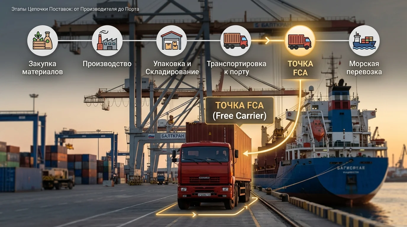 Визуальное представление момента передачи груза при условиях FCA между продавцом и перевозчиком