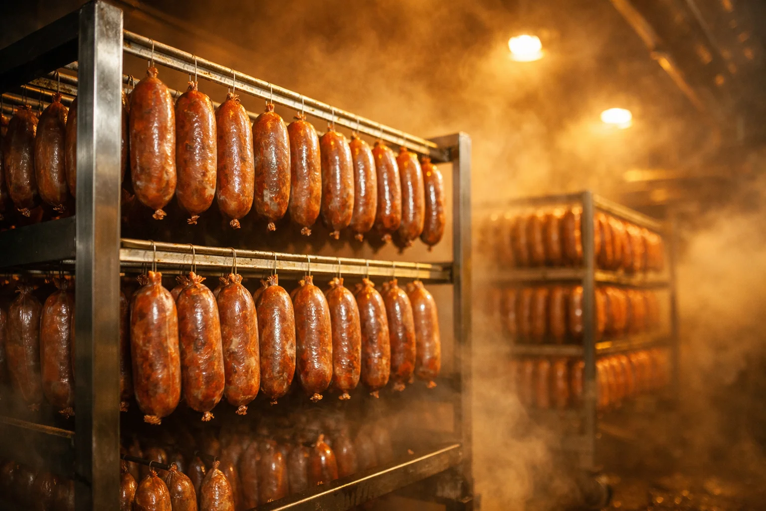 Производство полукопчёной колбасы в коптильне с целлюлозной оболочкой