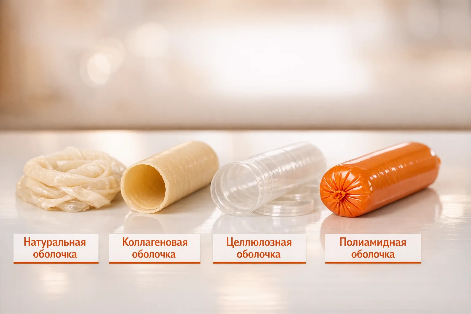 Четыре основных типа оболочек для колбасы: натуральная, коллагеновая, целлюлозная и полиамидная