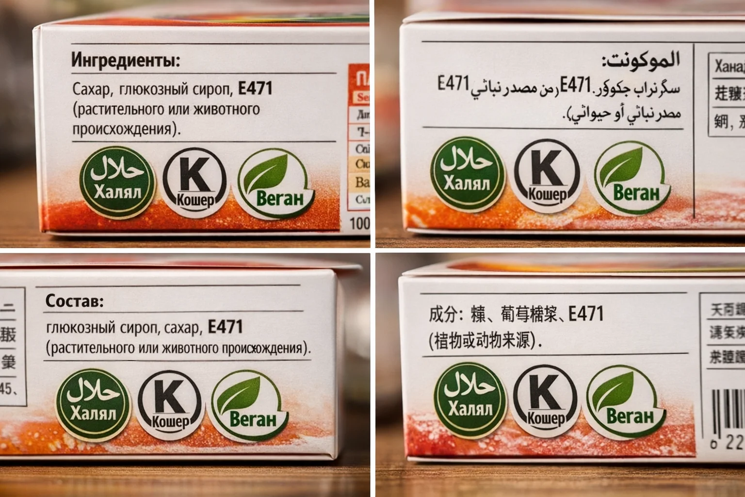 Примеры маркировки Е471 на упаковке для разных рынков