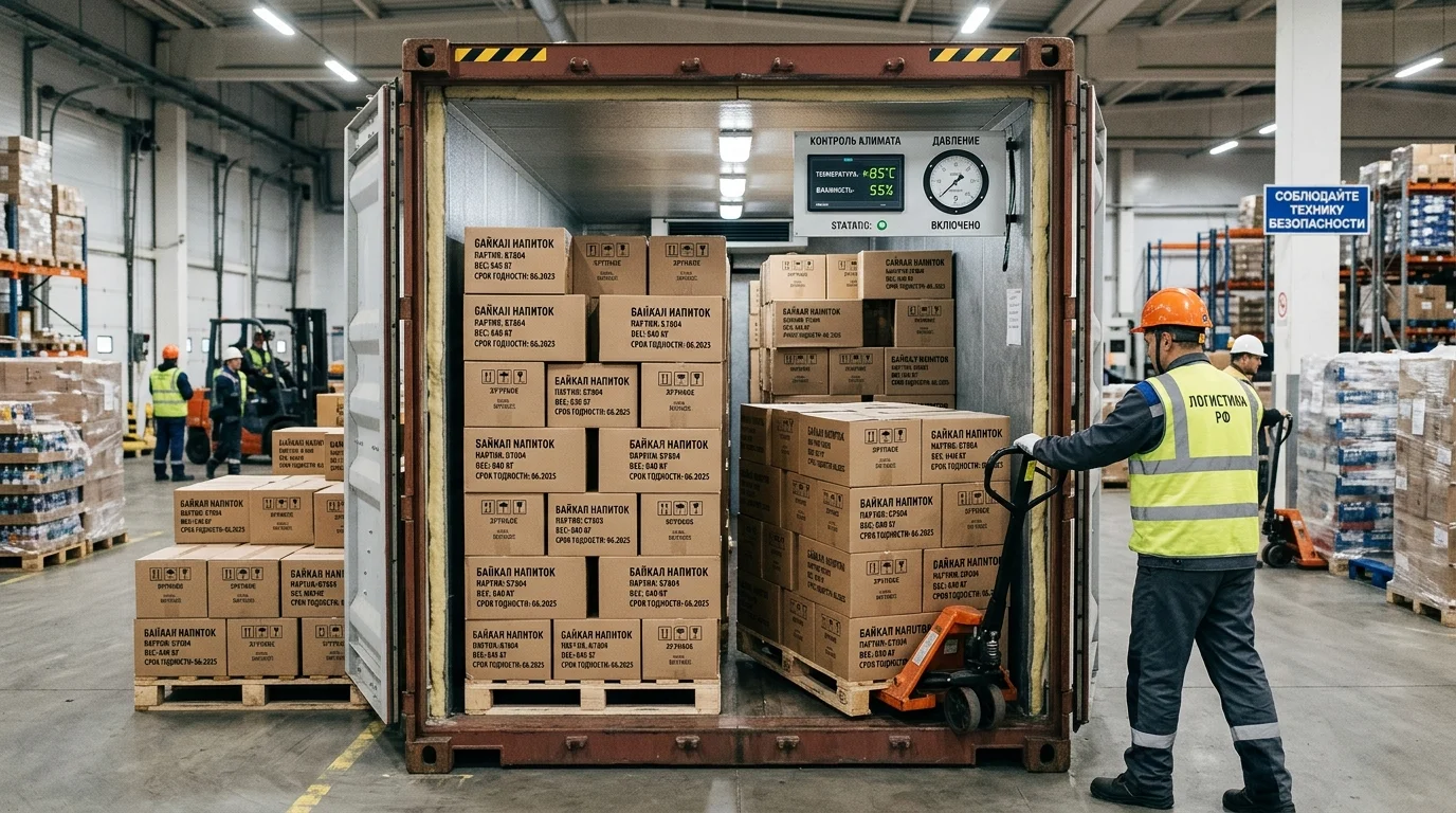 Контейнер с упакованными напитками, оборудованный системой контроля температуры и влажности