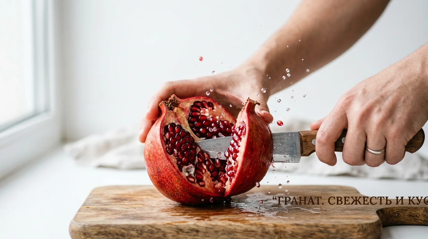 Свежий гранат с красными зёрнами и каплями воды на минималистичном фоне