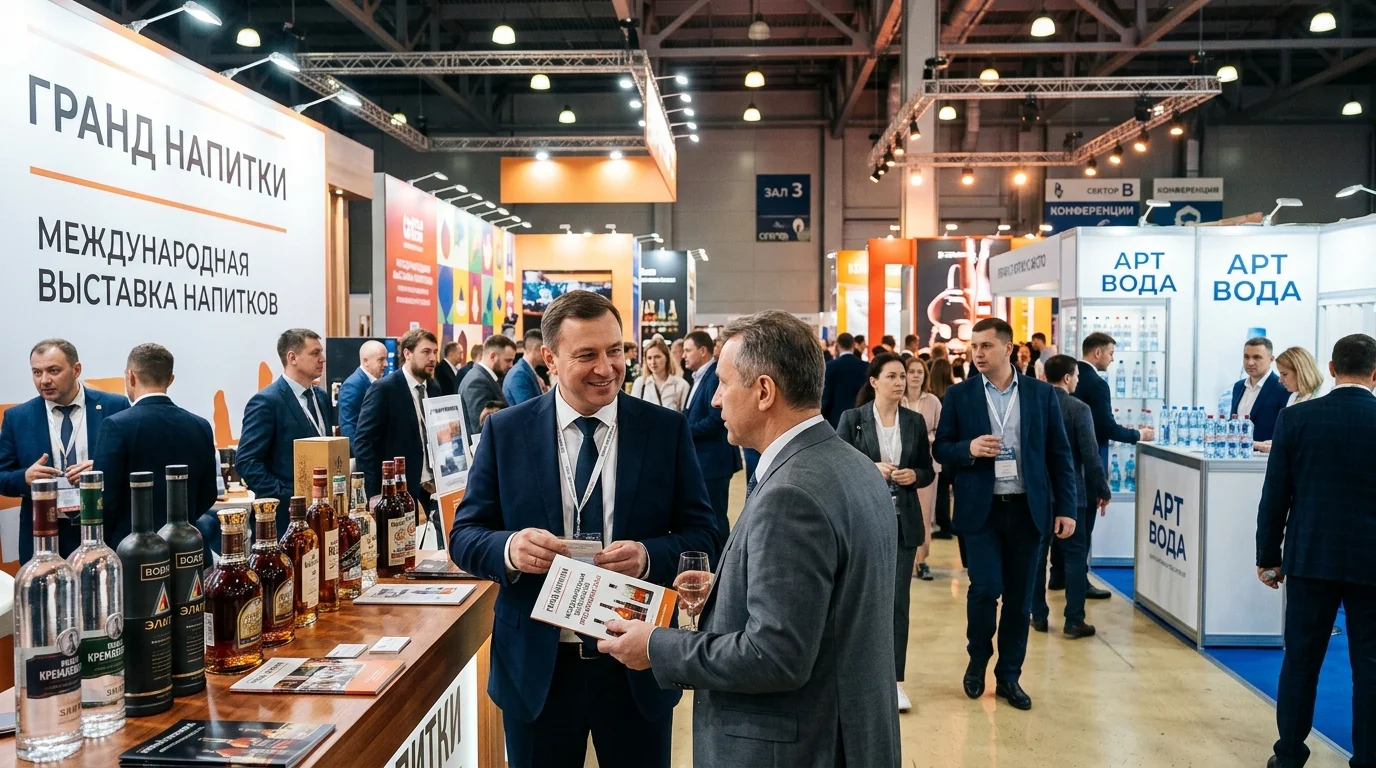 Международная выставка напитков с профессиональными стендами и переговорами между экспортёрами и покупателями
