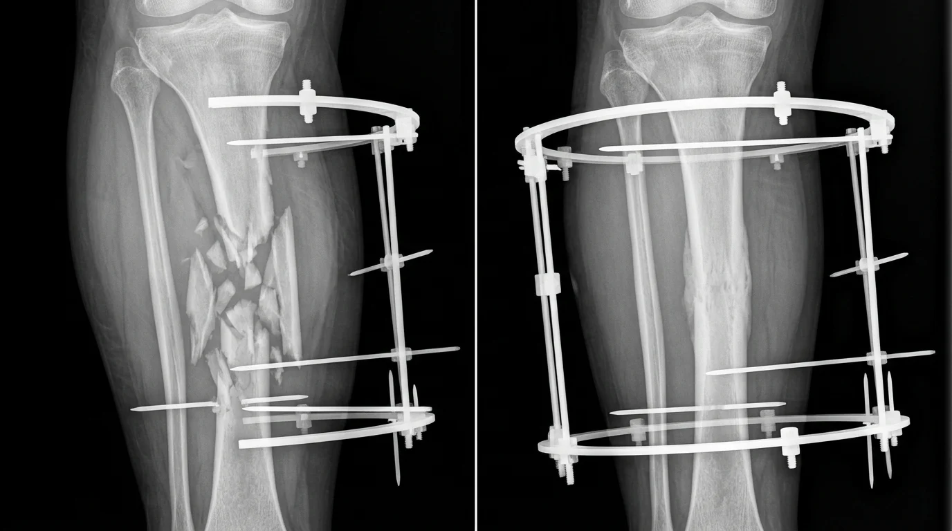 Рентгеновские снимки до и после лечения сложного перелома аппаратом Илизарова
