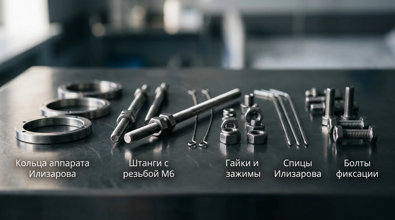Отдельные компоненты аппарата Илизарова из нержавеющей стали и титана