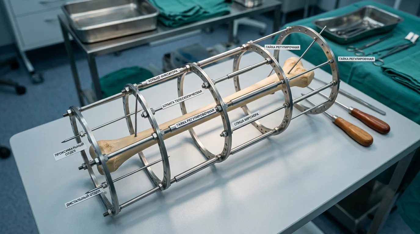 Аппарат Илизарова в собранном виде с металлическими кольцами и спицами