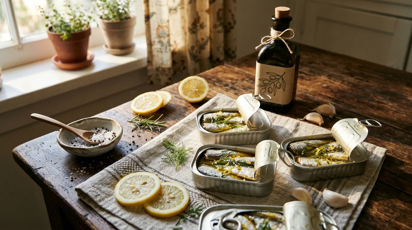Открытые консервы сардины с оливковым маслом и лимоном на деревянном столе
