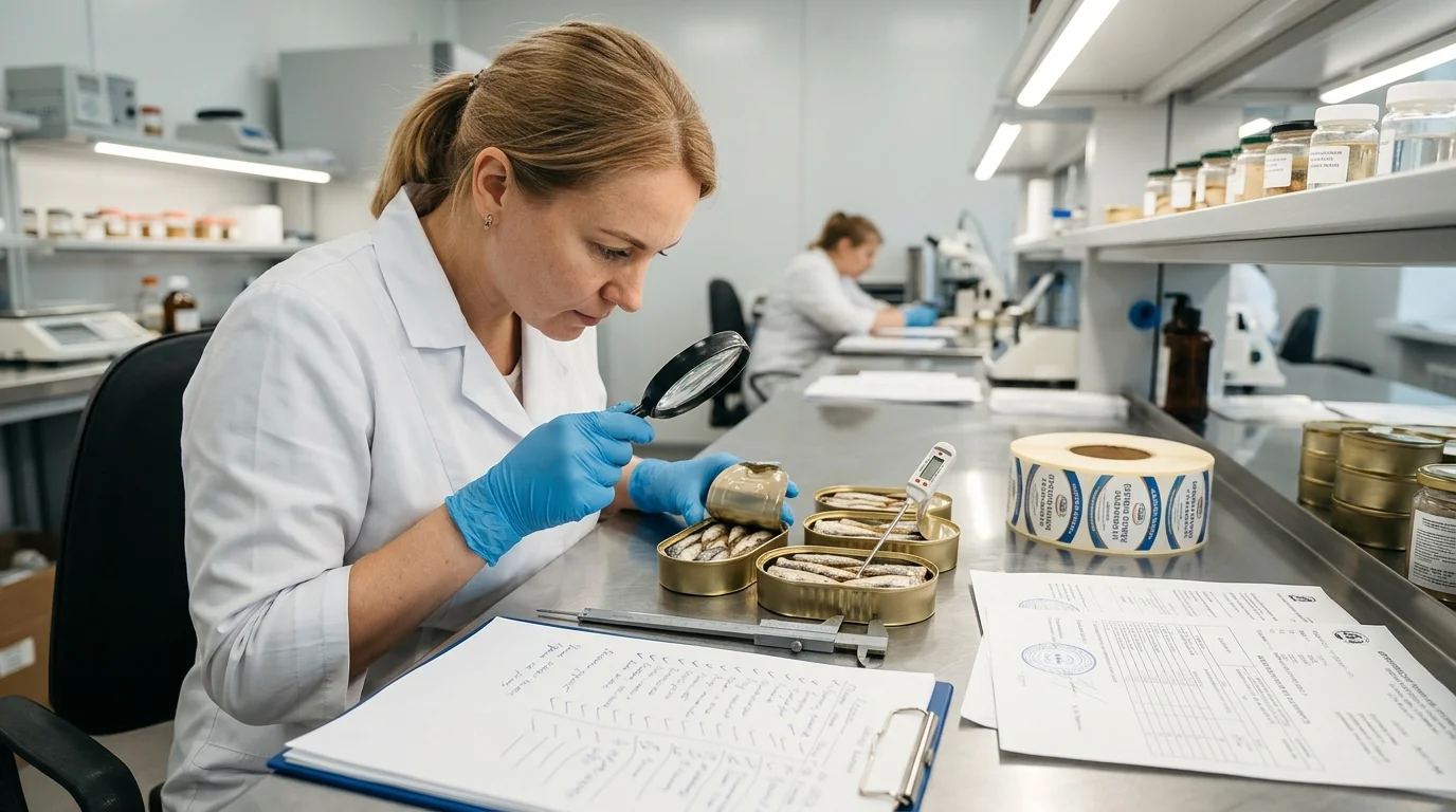 Проверка качества консервированной сардины в лаборатории с документами сертификации