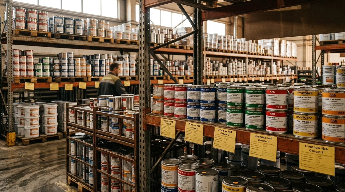 Организованное хранилище лакокрасочных материалов Тиккурила с разноцветными банками и контейнерами