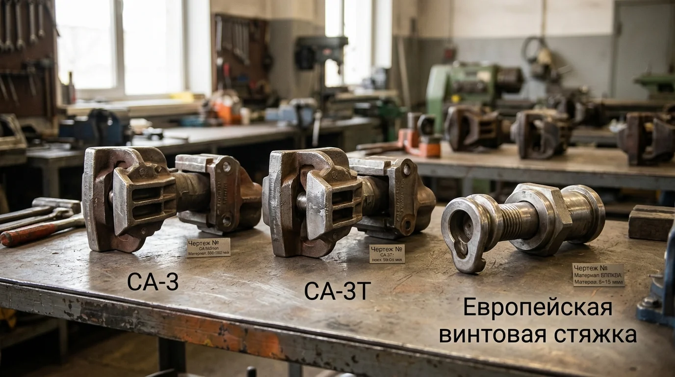 Сравнение различных типов автосцепок: СА-3, СА-3Т и европейские варианты