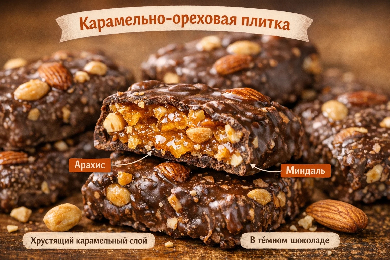 Крупный план крокант конфет с ореховой начинкой и шоколадным покрытием